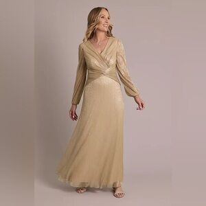 Oleg Cassini Gold Long Sleeve Twist-Front Evening Gown